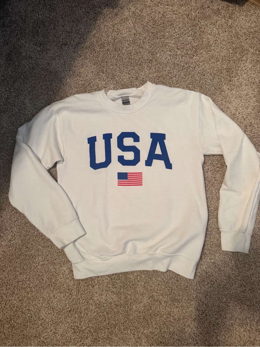 Gildan White Crewneck Sweatshirt with Blue USA Lettering